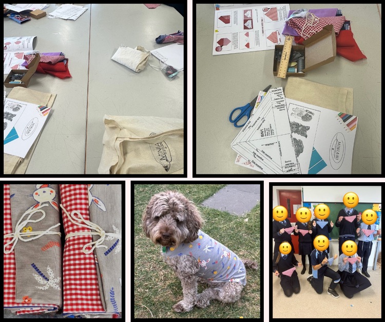 High school fashion workshop materials and finished projects