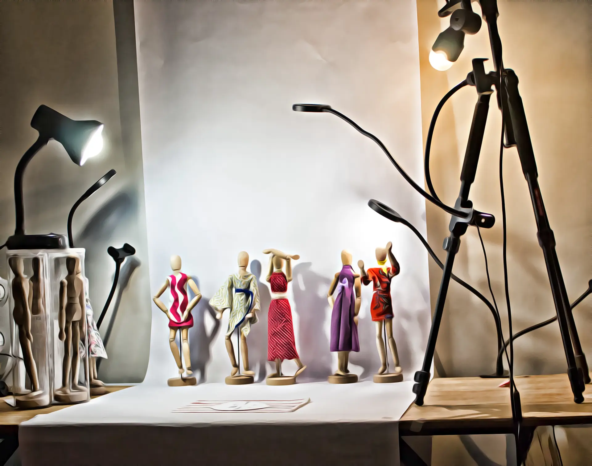 MINIANI studio table with dressed mannequins and lamps